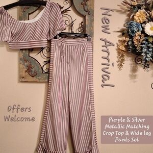 Purple and Silver Crop Top & Wide Leg  Matching Pants. Size S